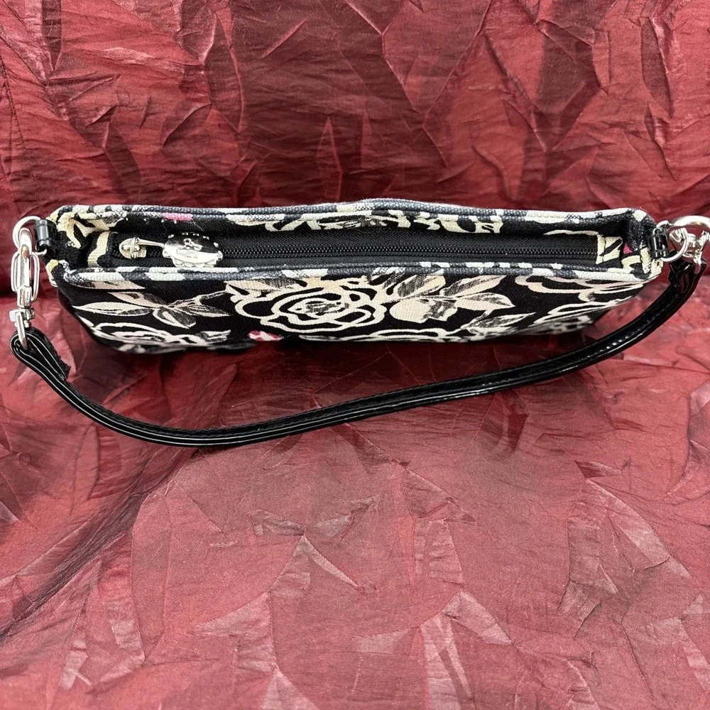 Vintage Lulu Guinness Black White Pink Rosebud Print Baguette Style Handbag  EUC